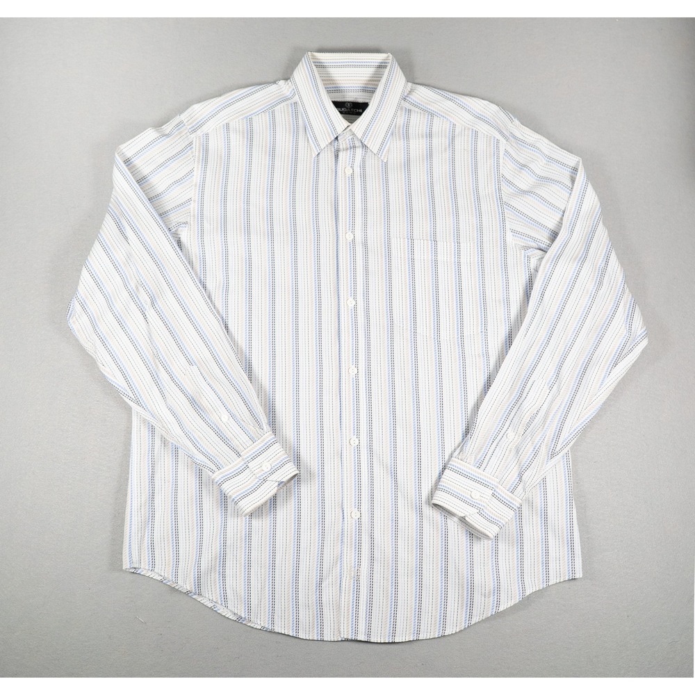 Bugatchi Uomo Mens Button Down Shirt Large Classic Fit Striped Cotton White Blue